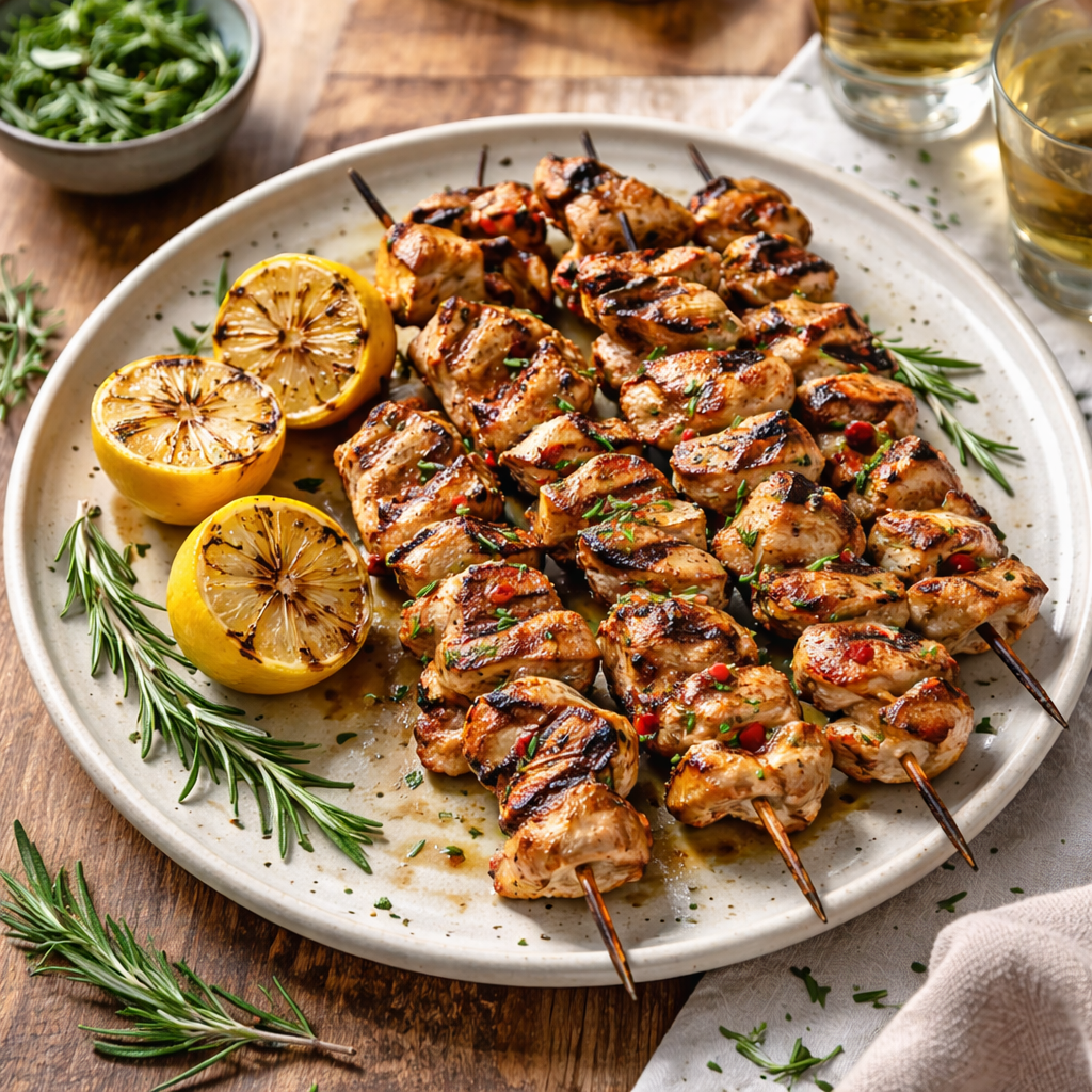 Grilled rosemary ranch chicken kabobs on a platter with charred lemon halves and fresh rosemary sprigs.