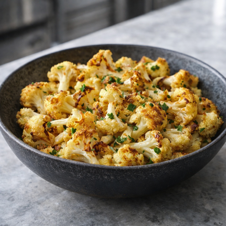 A bowl of roasted cauliflower florets with golden crispy edges, garlic, Parmesan, and fresh parsley sprinkled on top.