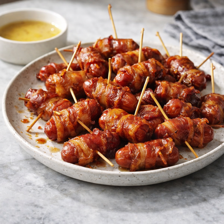 Bacon-wrapped cocktail sausages glazed in brown sugar, served with toothpicks on a plate with dipping sauce.