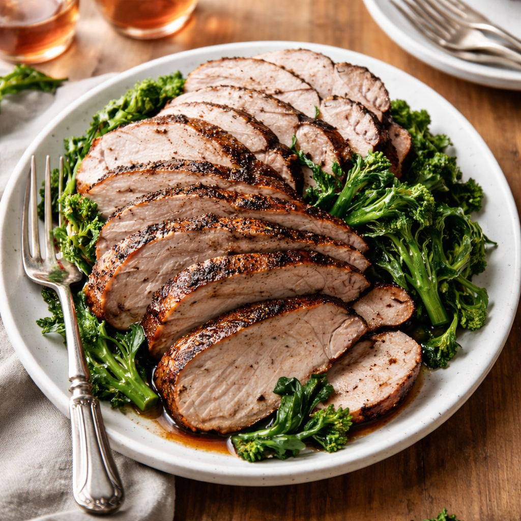 Sliced balsamic-roasted pork loin served on a platter with green vegetables, showing a browned exterior and juicy interior.