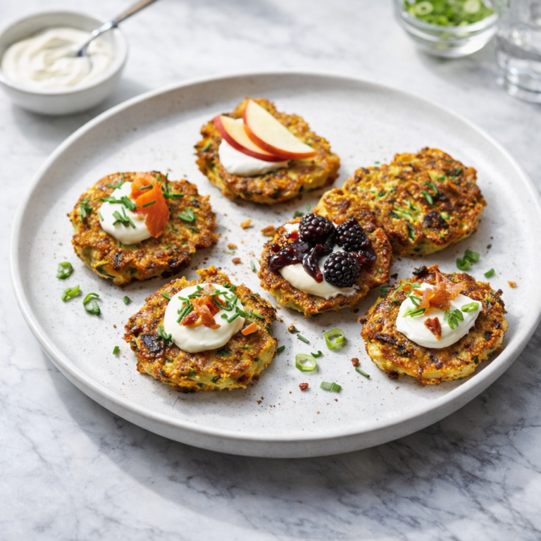 Golden zucchini patties served on a plate with dollops of sour cream and garnishes.