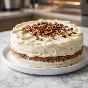 Two-layer carrot cake frosted with creamy cream cheese frosting and topped with chopped pecans on a white cake stand.
