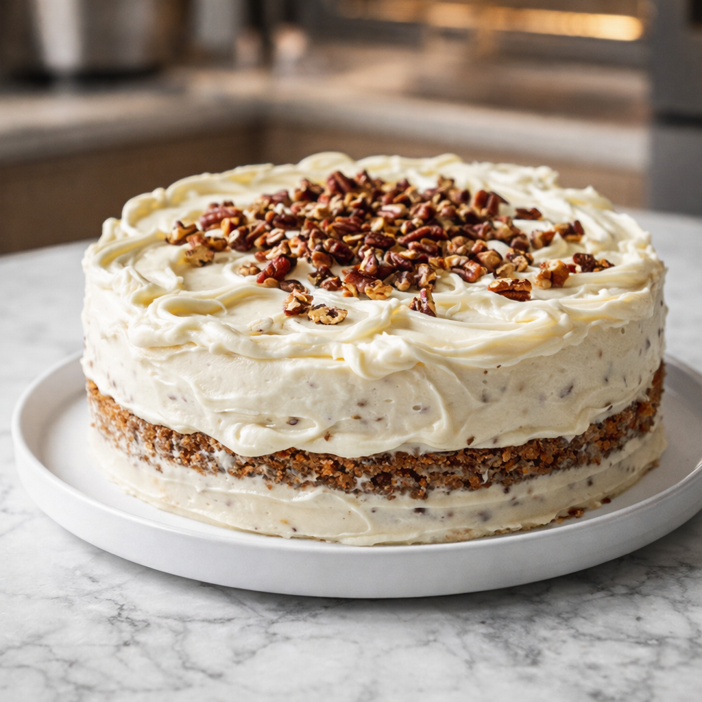 Two-layer carrot cake frosted with creamy cream cheese frosting and topped with chopped pecans on a white cake stand.