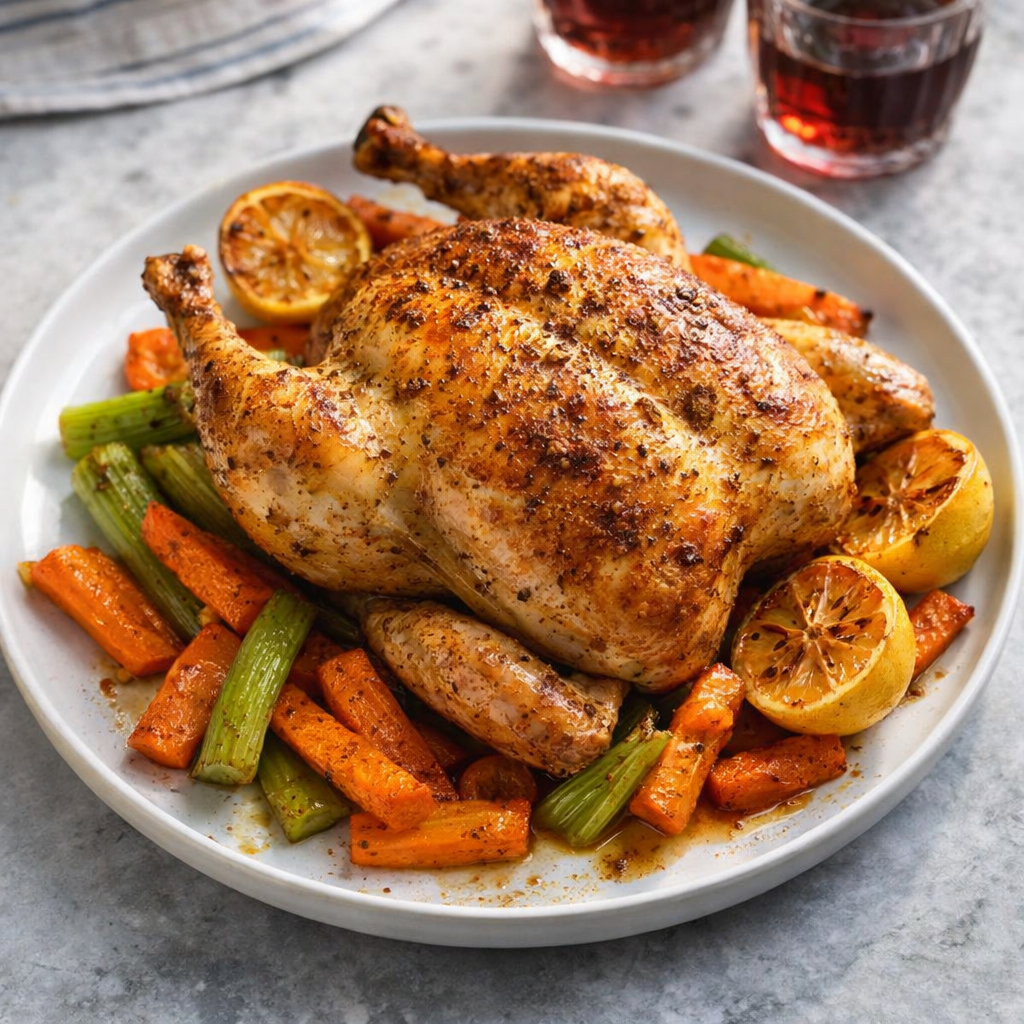 A golden butter-roasted whole chicken served with roasted carrot and celery pieces and halved lemons.