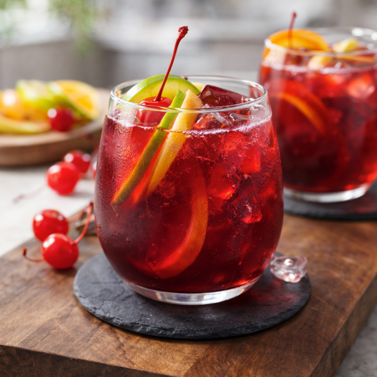 A glass of deep red sangria over ice with citrus slices and a cherry, with a second glass in the background.