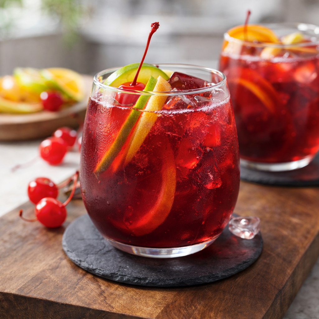 A glass of deep red sangria over ice with citrus slices and a cherry, with a second glass in the background.