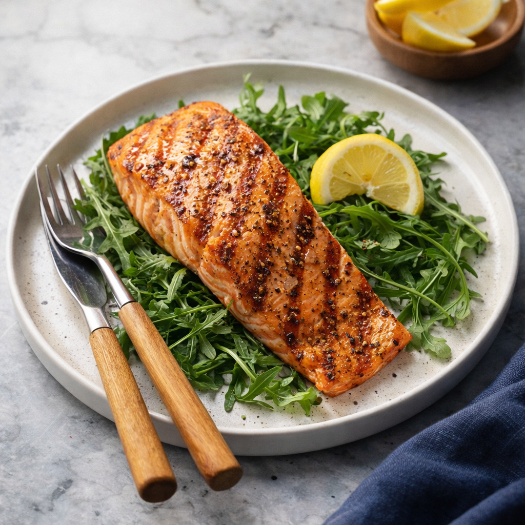 A grilled salmon fillet seasoned with lemon pepper on a bed of arugula with a lemon wedge on the side.