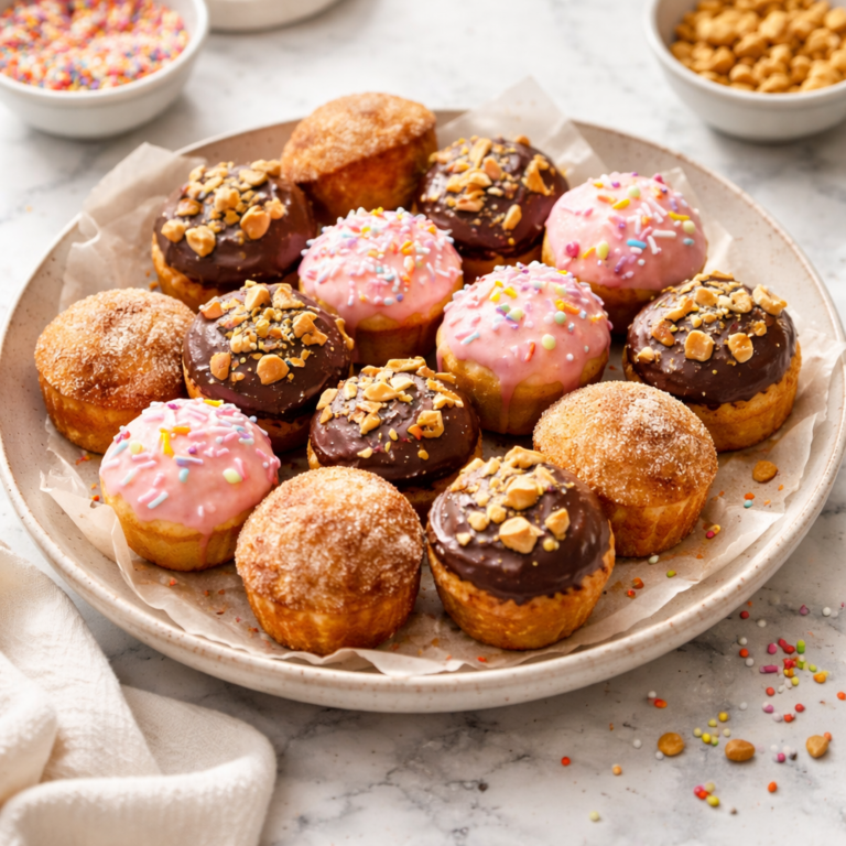 A platter of mini donut muffins—some rolled in cinnamon sugar, others topped with chocolate or pink glaze and sprinkles.