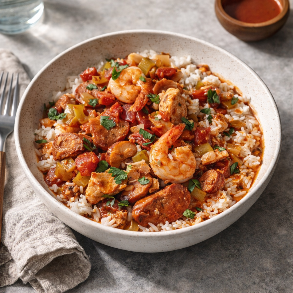 Bowl of slow cooker jambalaya stew with chicken, sausage, and shrimp served over white rice and garnished with parsley.