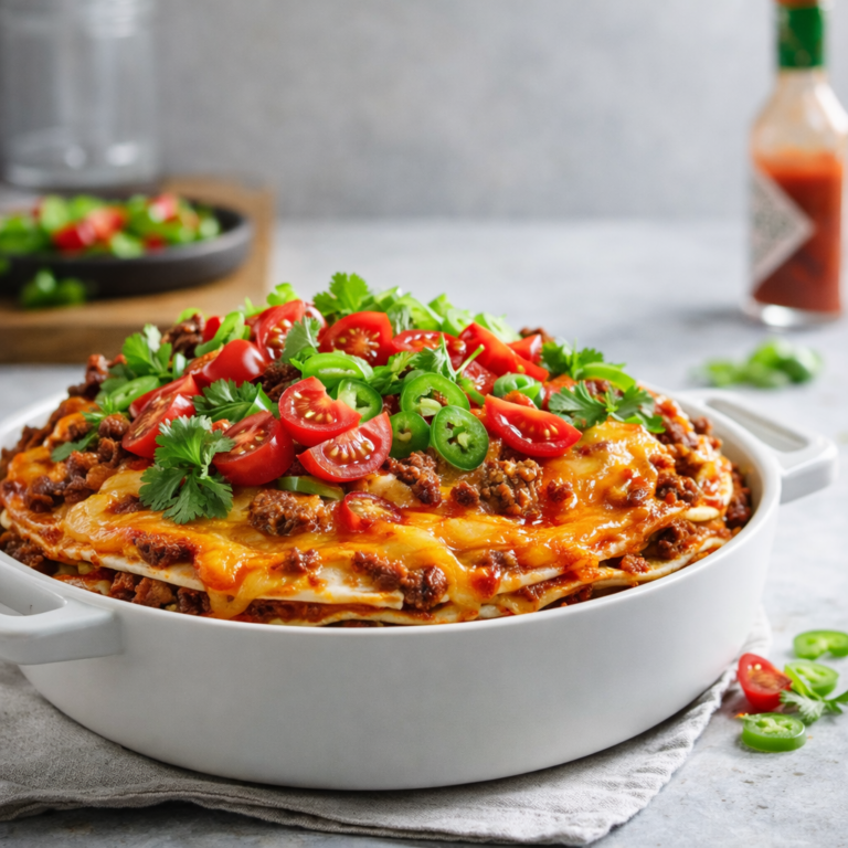 A round baking dish filled with layered burrito pie casserole topped with melted cheese, cherry tomatoes, cilantro, and sliced jalapeños.