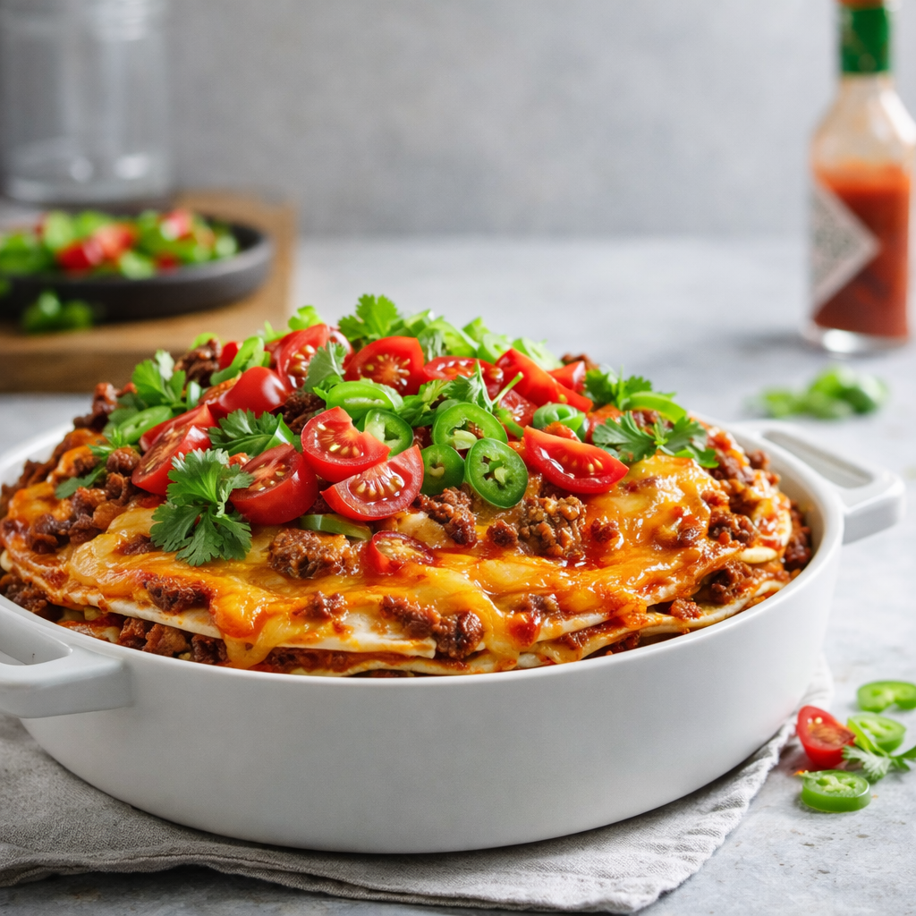 A round baking dish filled with layered burrito pie casserole topped with melted cheese, cherry tomatoes, cilantro, and sliced jalapeños.