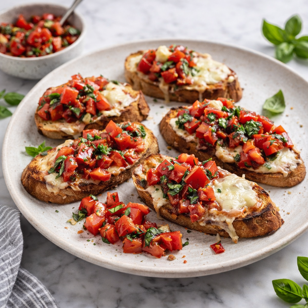Toasted baguette slices topped with melted mozzarella and a fresh tomato-basil mixture, served on a plate.
