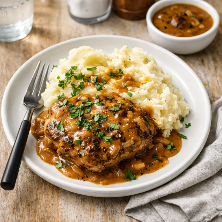 Salisbury steak patty covered in glossy onion gravy served with fluffy mashed potatoes on a white plate, garnished with chopped parsley.