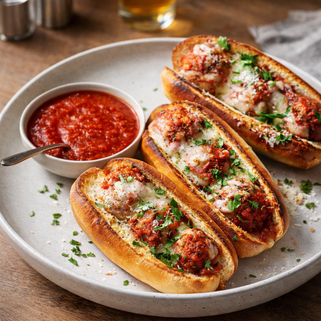 Three toasted hoagie rolls stuffed with saucy meatballs, melted mozzarella, Parmesan, and parsley, served with a bowl of marinara on a plate.