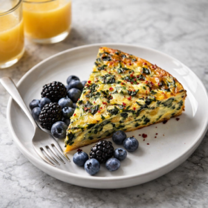 Crustless Spinach Quiche A golden slice of crustless spinach quiche on a white plate with fresh blueberries and blackberries.