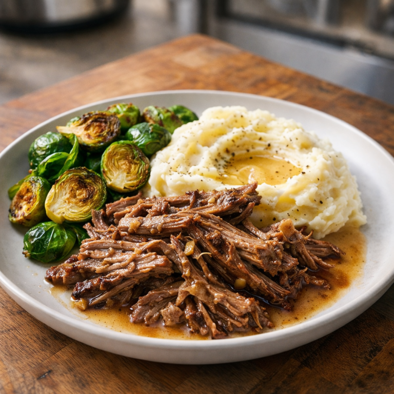 A plate of shredded pot roast with rich brown gravy served alongside mashed potatoes and roasted Brussels sprouts.