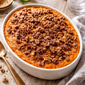 A round baking dish filled with creamy sweet potato casserole topped with crunchy pecan streusel, sitting on a rustic wooden table.
