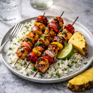 Honey-Glazed Chicken Kabobs with Sweet-Savory Soy Marinade Grilled honey-glazed chicken and vegetable skewers served over herbed rice with lime and pineapple on the side.