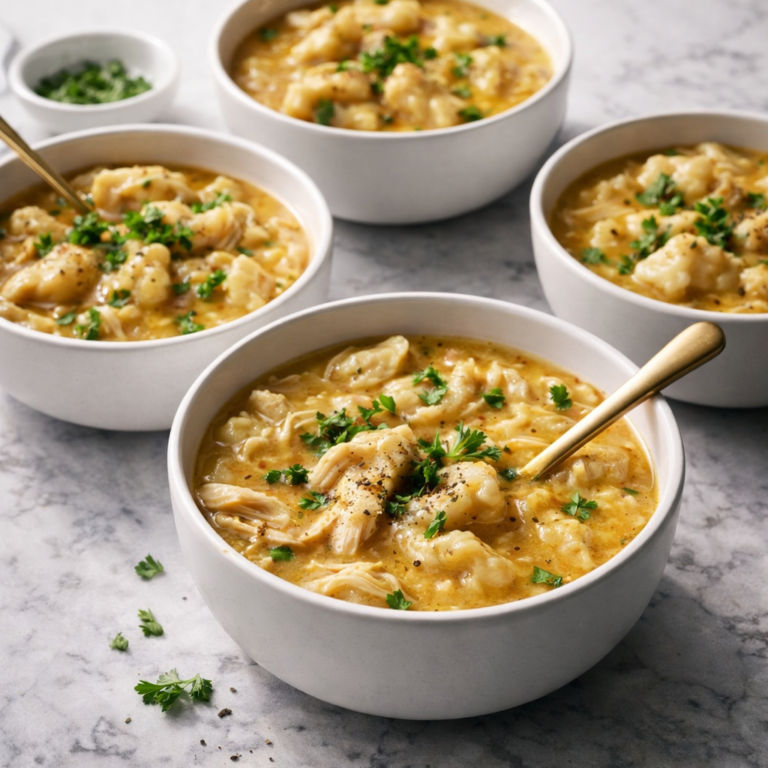 Bowls of creamy chicken and dumplings soup with shredded chicken and fluffy dumplings, topped with chopped parsley and black pepper.