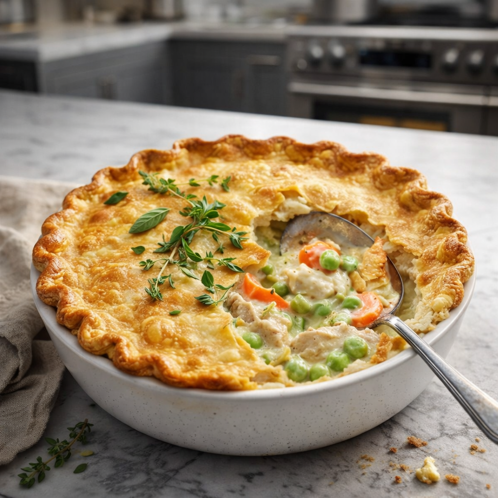 A golden, flaky chicken pot pie in a white pie dish with a spoon scooping creamy filling with peas and carrots, topped with fresh herbs.