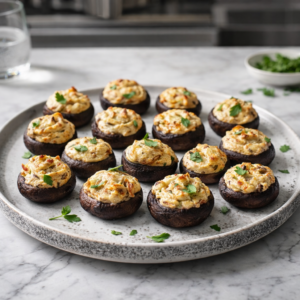 Baked stuffed mushroom caps filled with a creamy garlic-parmesan mixture and topped with fresh parsley on a large serving platter.