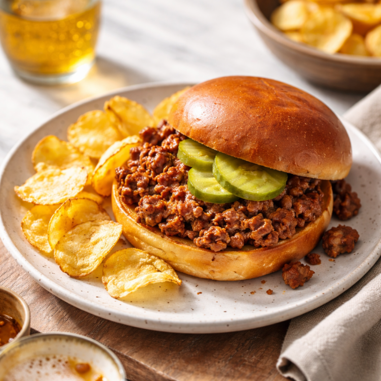 A sloppy joe sandwich on a shiny brioche bun filled with saucy ground beef and topped with pickle chips, served with potato chips on a plate.