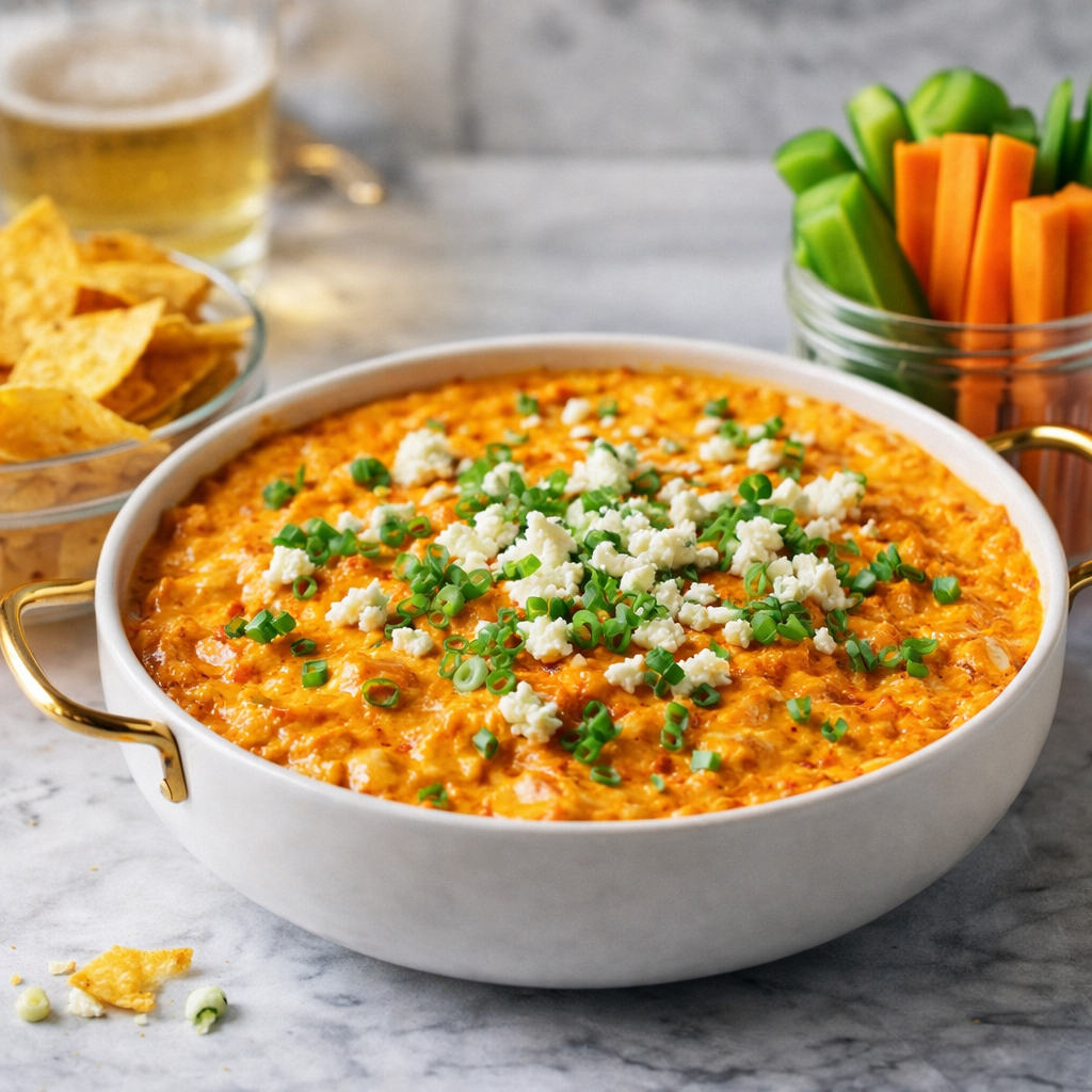 A creamy orange buffalo chicken dip in a white baking dish topped with crumbled blue cheese and chopped green onions, served with tortilla chips and veggie sticks.