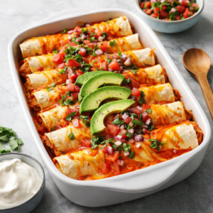 A baking dish of chicken enchiladas covered in red sauce and melted cheese, topped with pico de gallo and avocado slices.