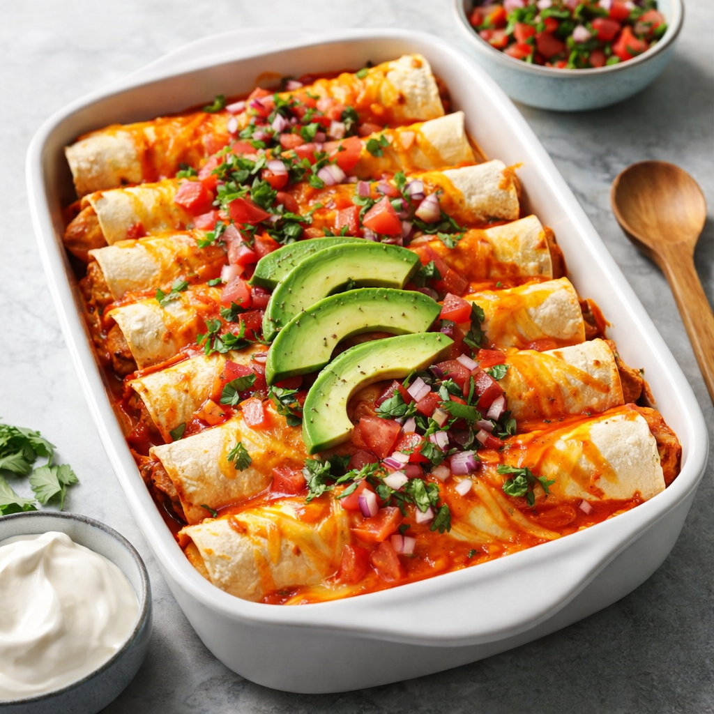 A baking dish of chicken enchiladas covered in red sauce and melted cheese, topped with pico de gallo and avocado slices.