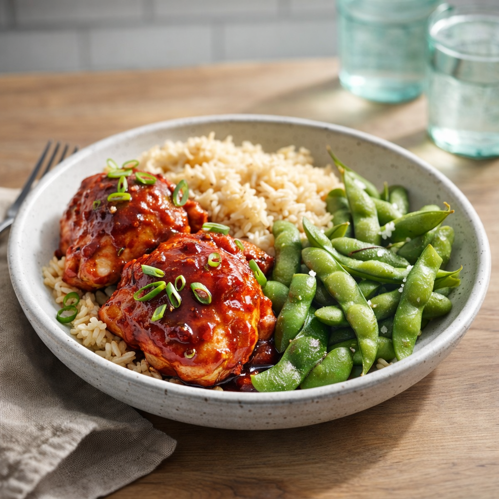 A bowl of teriyaki-glazed chicken thighs served with brown rice and green snap peas, topped with sliced green onions.