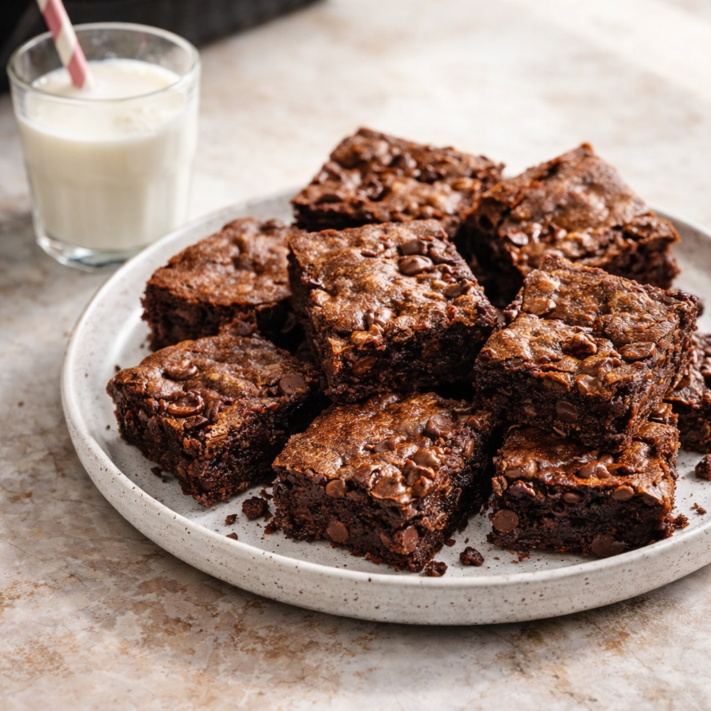 A plate of thick, fudgy chocolate-chip brownies with a glass of milk in the background.