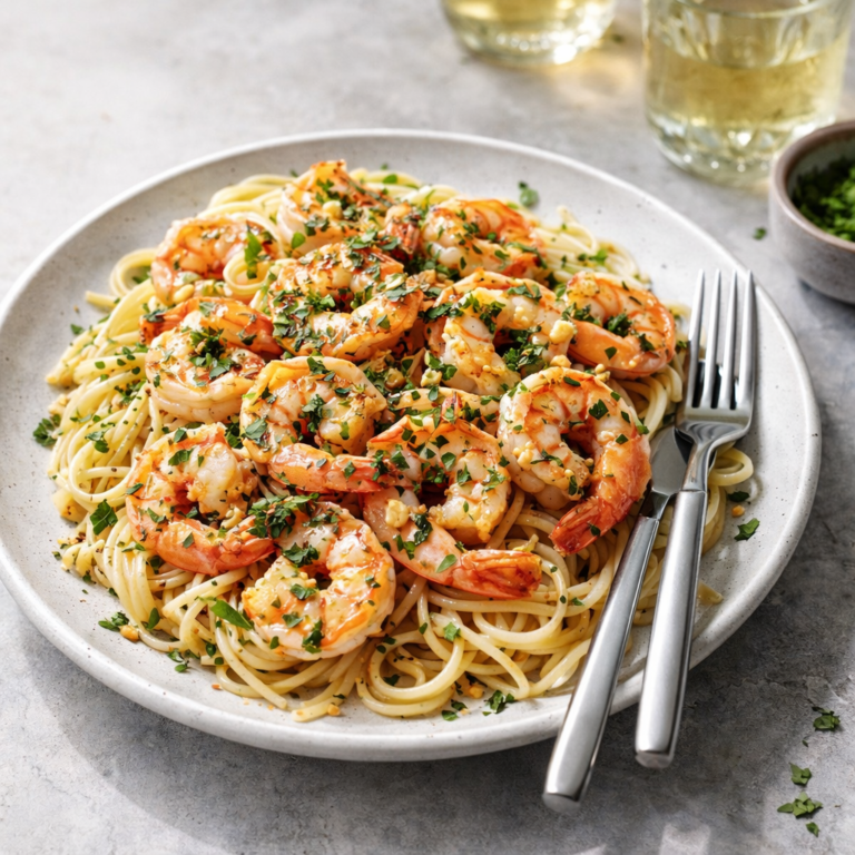 Garlic shrimp tossed in a lemon-butter sauce served over linguine and topped with chopped parsley.