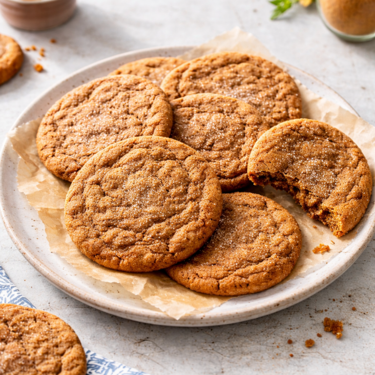 A plate of large soft ginger cookies with a crackly sugar top, one cookie bitten to show the chewy center.