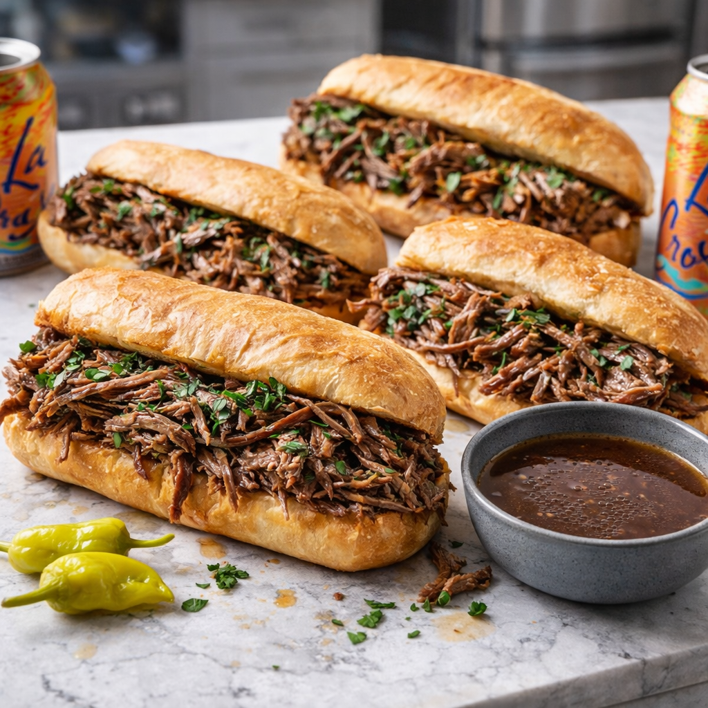 Four French dip sandwiches filled with shredded beef on toasted rolls, served with a bowl of rich au jus for dipping.