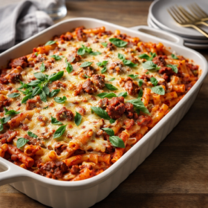 Baked ziti casserole in a white baking dish topped with melted cheese and fresh basil.