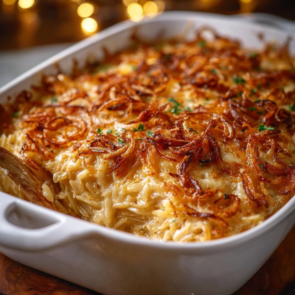 French onion chicken orzo casserole with melted cheese and herbs