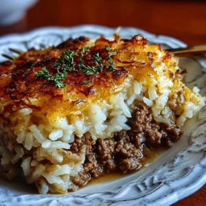 French Onion Ground Beef and Rice Casserole French Onion Casserole with ground beef and rice on a serving plate
