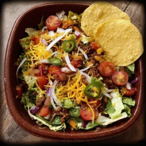 Fresh taco salad with colorful ingredients served in a bowl