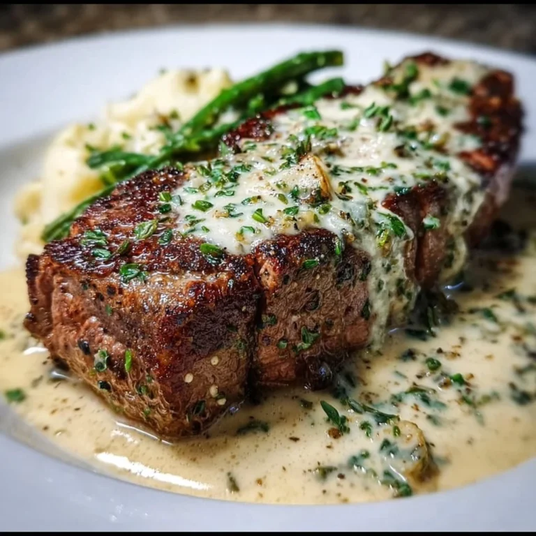 Garlic Butter Steak drizzled with Parmesan Cream Sauce, garnished and plated beautifully.