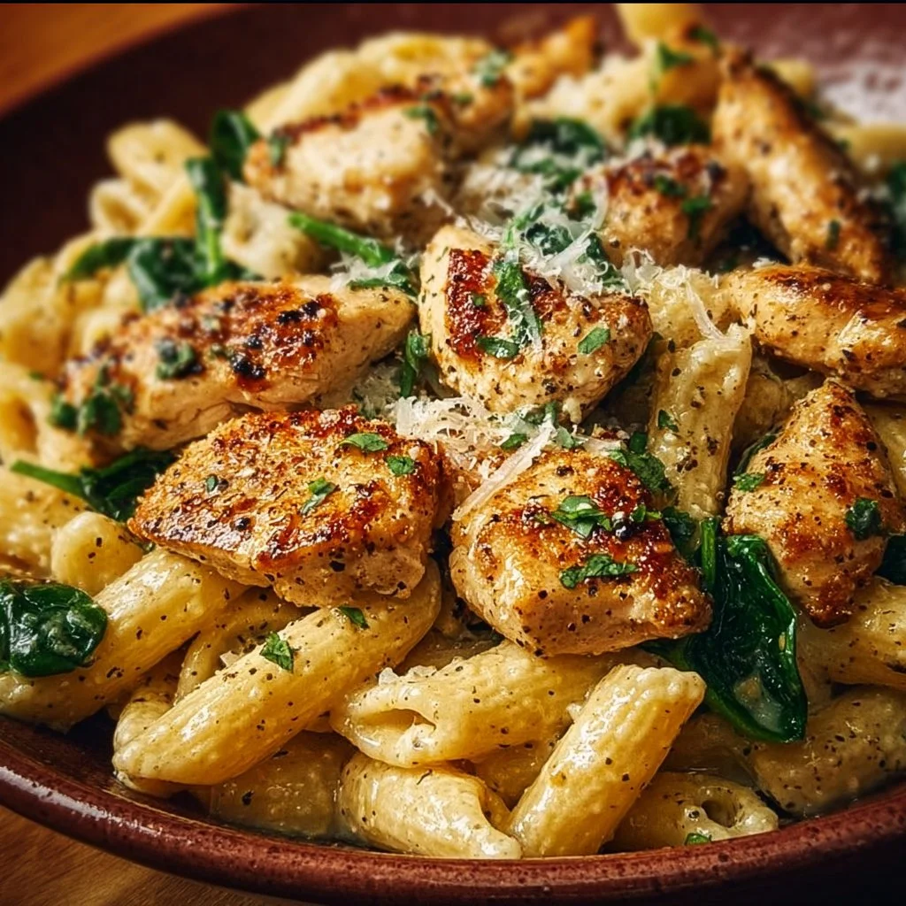 Plate of Garlic Parmesan Chicken Pasta garnished with parsley and grated cheese