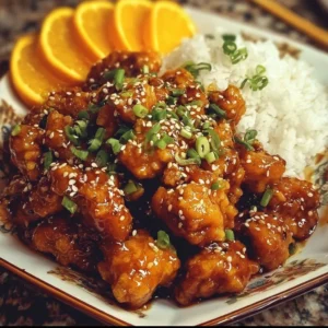 Gluten-free orange chicken served with veggies and rice