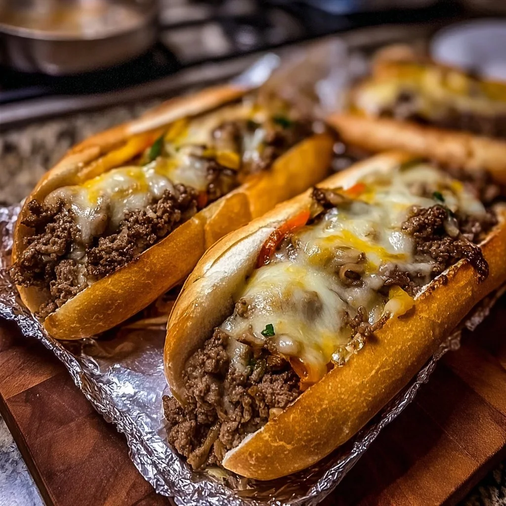 Delicious Ground Beef Philly Cheesesteaks topped with melting cheese and peppers