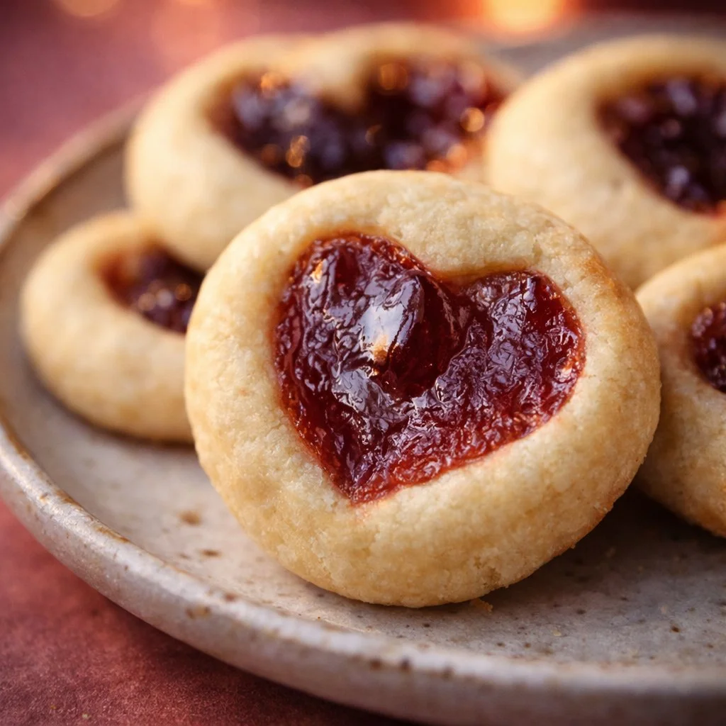 Tray of heart-shaped jam cookies with a fruity filling