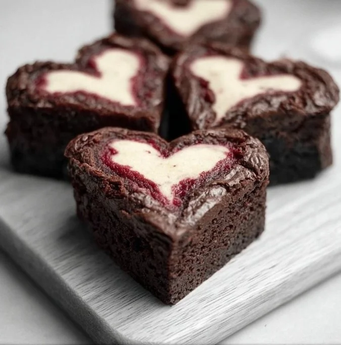Heart-shaped brownies decorated for Valentine's Day