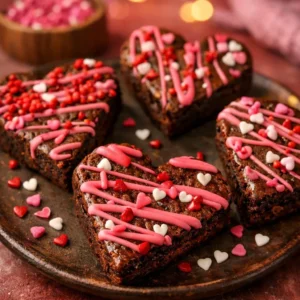 Heart-Shaped Brownies Heart-shaped brownies decorated with chocolate and sprinkles