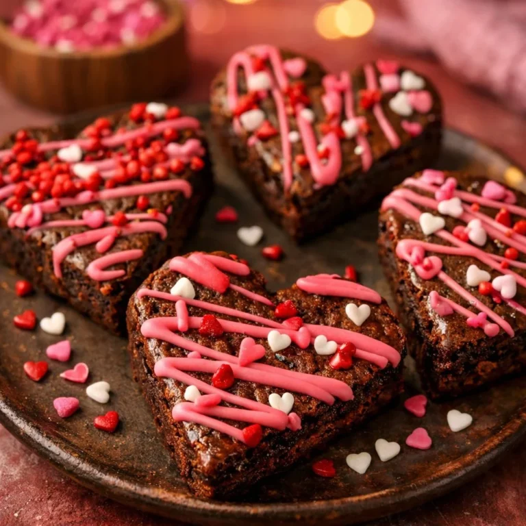 Heart-shaped brownies decorated with chocolate and sprinkles
