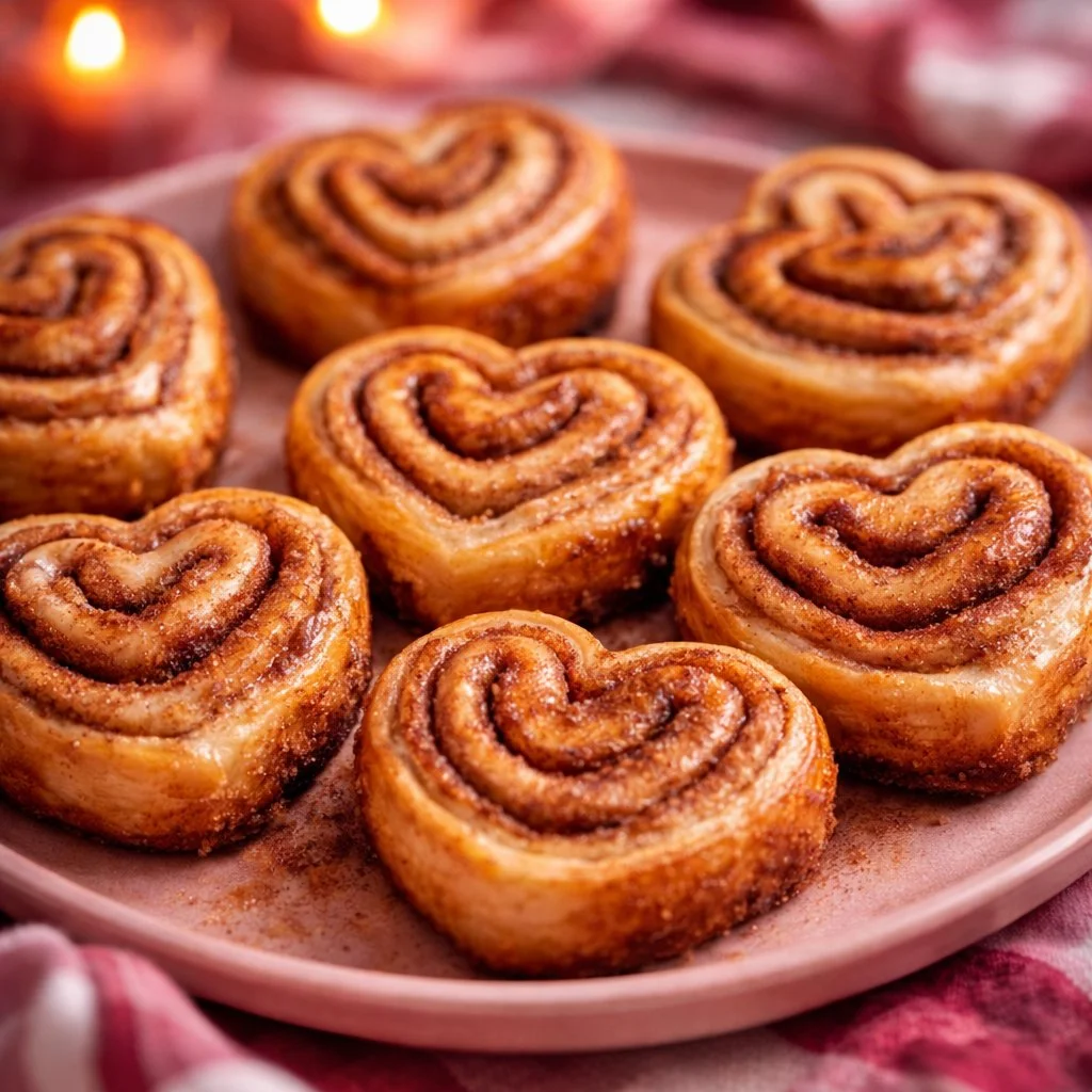 Heart-shaped cinnamon rolls drizzled with icing on a white plate