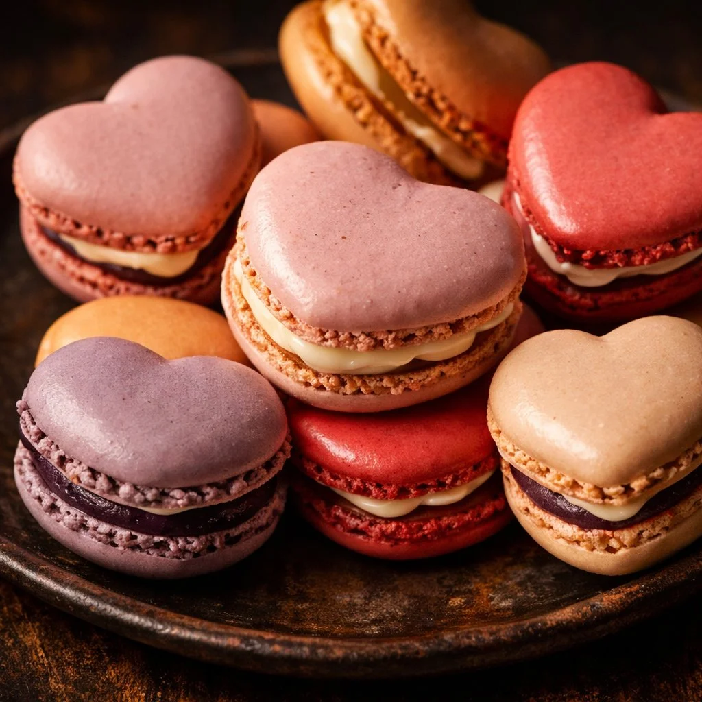 Delicious heart-shaped macarons in various colors and flavors