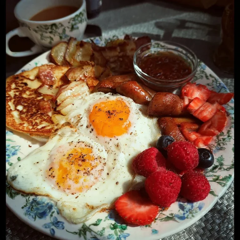 A plate of hearty breakfast dishes including eggs, bacon, and toast.