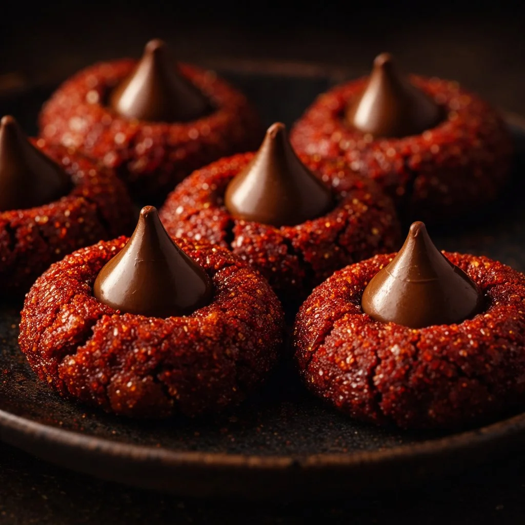 Hershey's Red Velvet Blossoms cookies with chocolate treats on top.